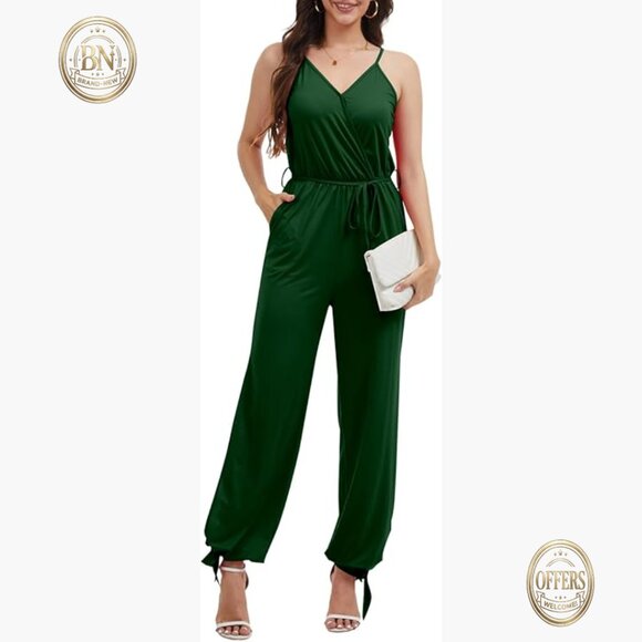 Pants - V Neck Sleeveless Jumpsuit Adjustable Spaghetti Strap Split Long Romper with
